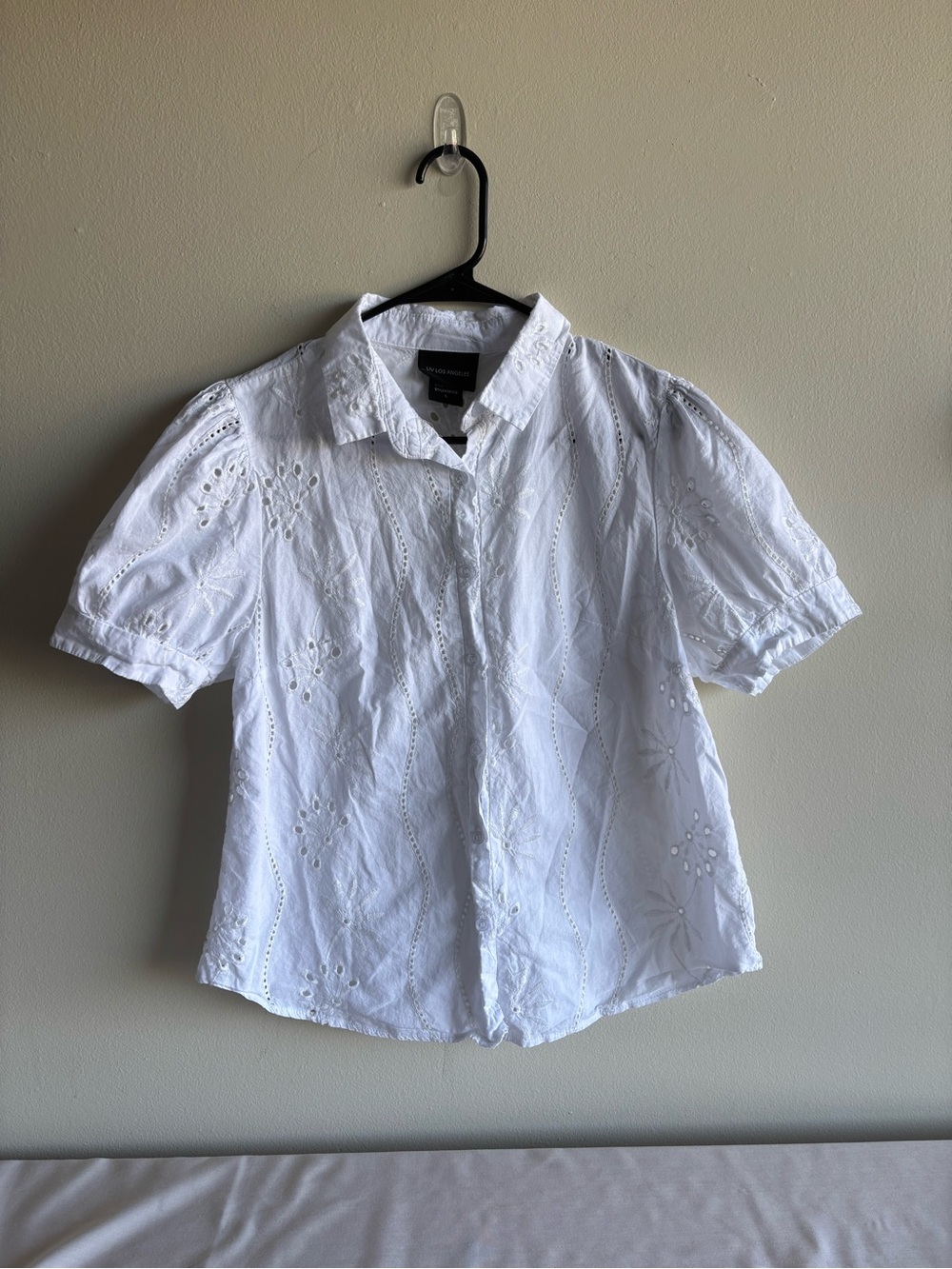 White Eyelet Button-Up Blouse 100% Cotton Size L